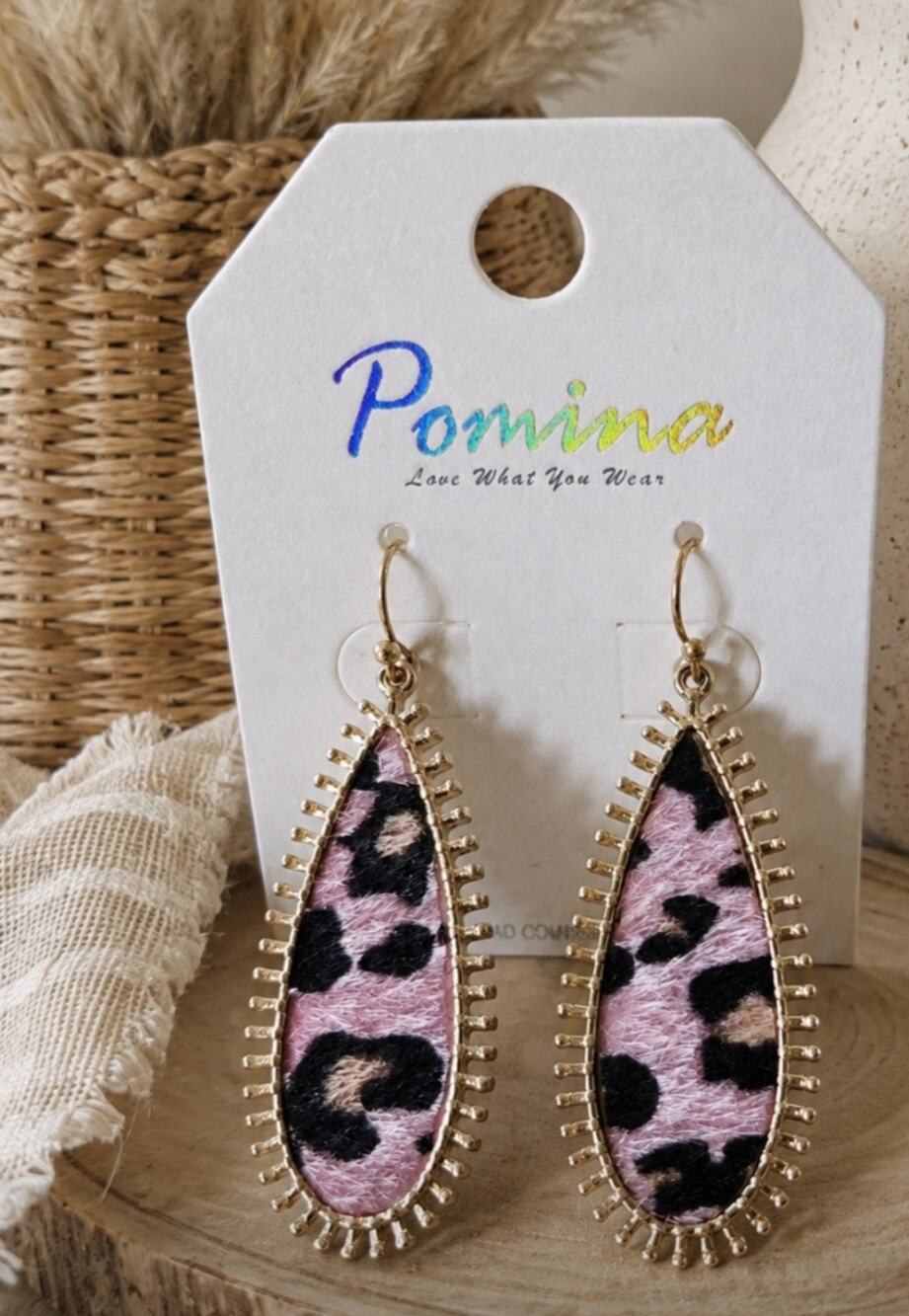 Pomina Gold Pink Fur Animal Pattern Oval Earrings New